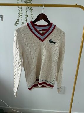 Lacoste Men's Cream Cable-Knit V-Neck Sweater with Red and Blue Trim